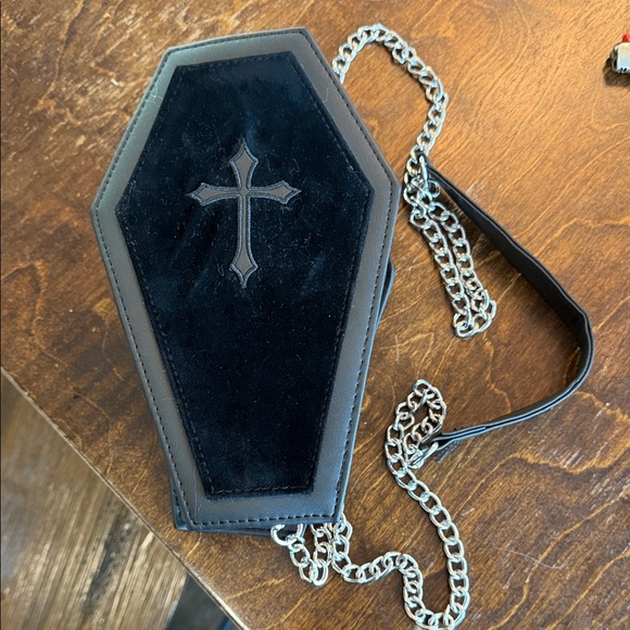 Handbags - Coffin Cross Velvet Accent Shoulder Bag - Black